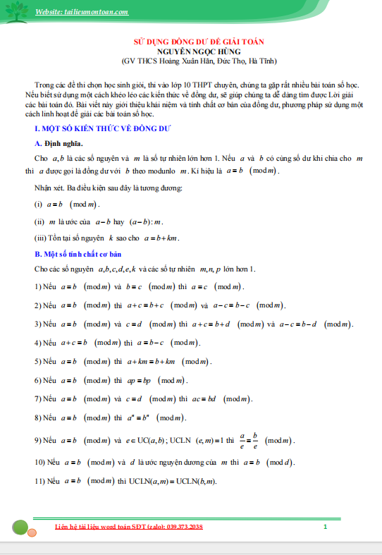 Sử dụng đồng dư thức để giải toán